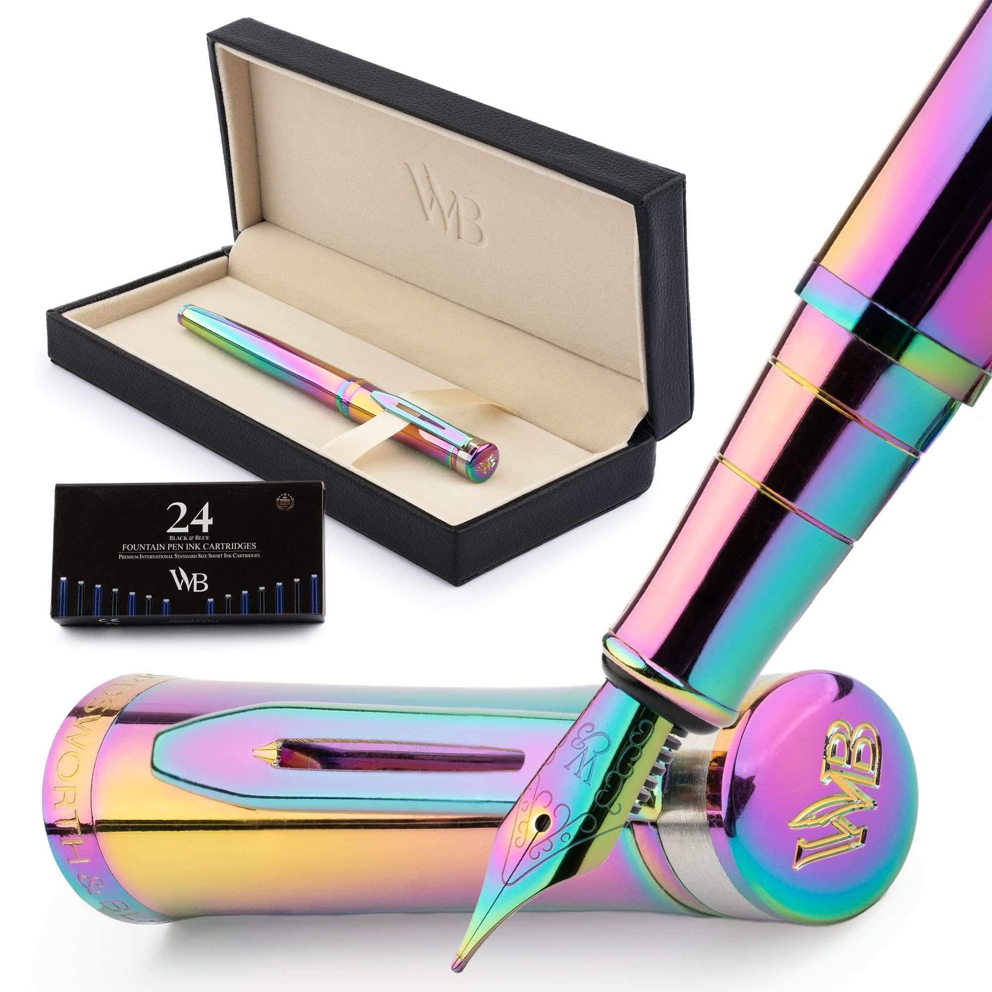 Wordsworth & Black Fountain Pen Set, 18K Gilded Medium Nib, Includes 24 Pack Ink Cartridges, Ink Refill Converter & Gift Box, Gold Finish, Calligraphy, [Rainbow], Perfect for Men & Women — image 1