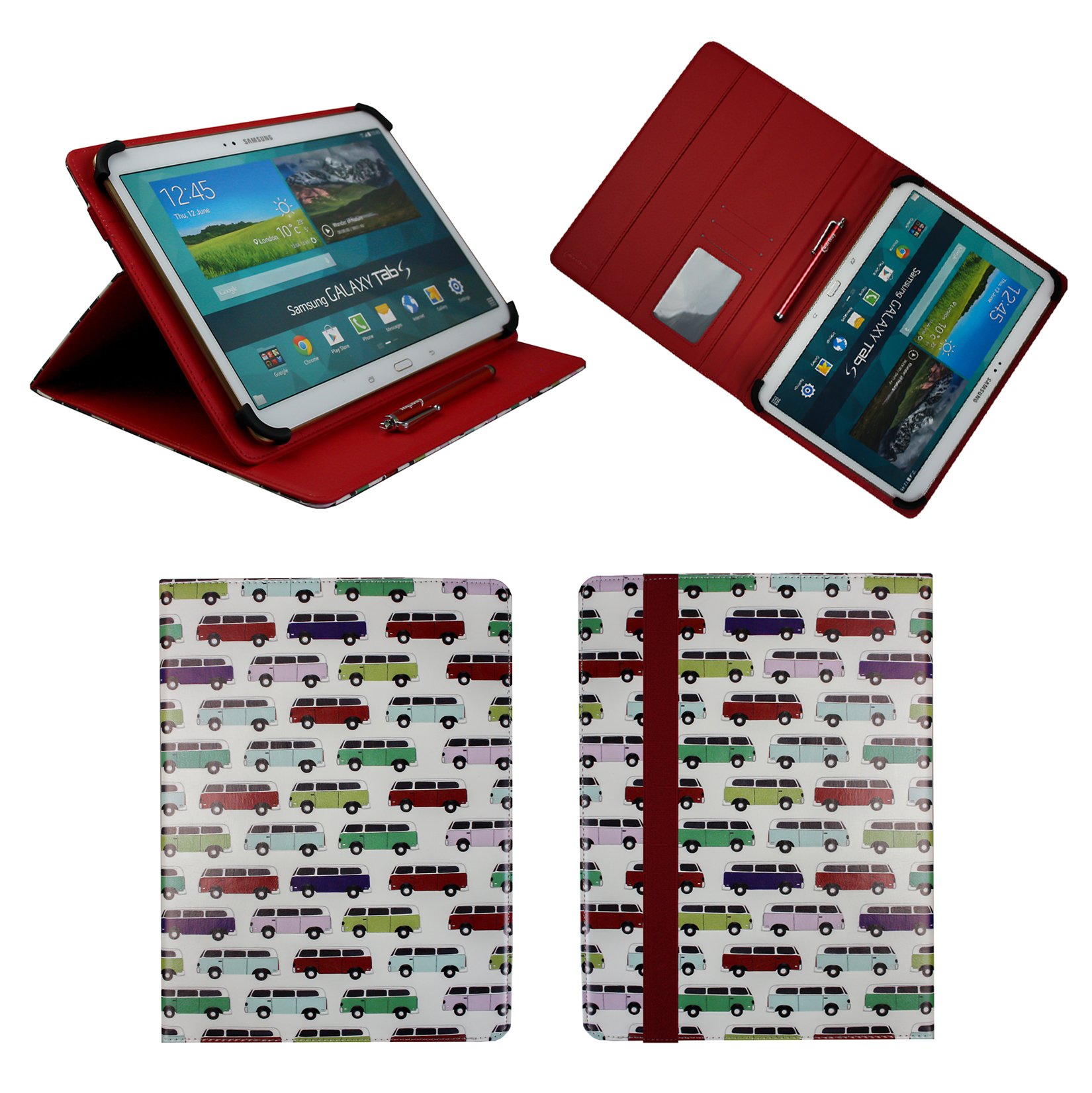 Emartbuy Universal 9.1 Inch - 10.5 Inch Campervans Multi Angle Folio Wallet Case Cover With Card Slots Red Elastic Strap and Stylus Pen Compatible With Selected Devices Listed Below