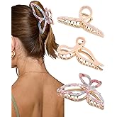 HAIMEIKANG 3 PCs Metal Acrylic Hair Bow Claw Clips - Strong Hold Non-Slip Large Gold Clips for Thick Hair