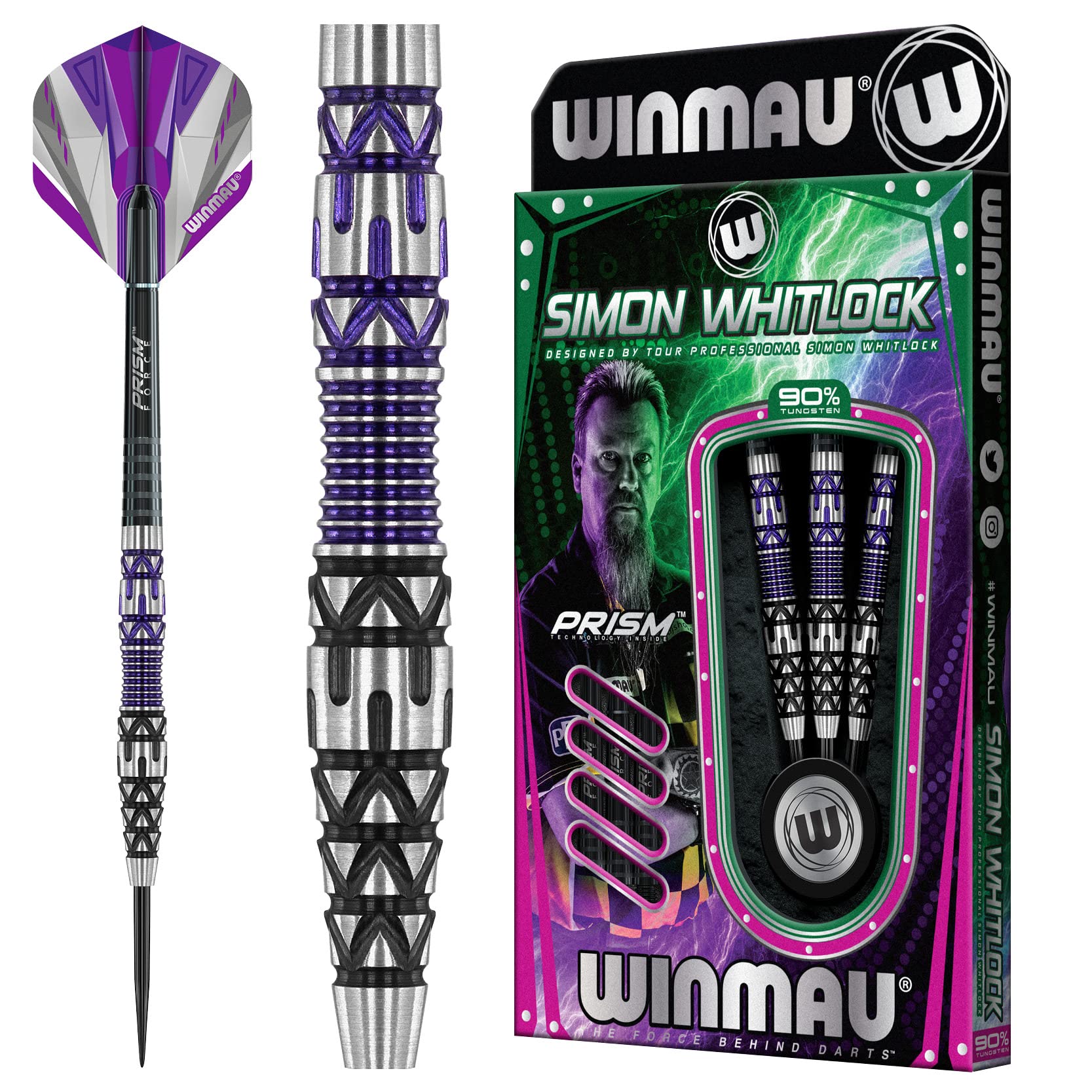 WINMAU Simon Whitlock Special Edition Tungsten Steeltip Darts Set 24g with Prism Flights and Shafts (Stems)