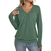 Eachyes Womens V Neck Long Sleeve Shirts Banded Bottom Pleated Tops Fall Dressy Casual Blouses 2025