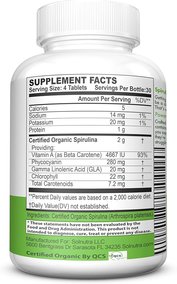 Raw Organic Spirulina Tablets Natural Certified 100 Organic Usda Eu Usp Verified Vitamin Packed Phytonutrient Rich Superfood Non Gmo
