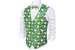 BARRY.WANG Barry. Wang Mens Christmas Vest with Snow/Snowman/Christmas Tree Red/Green Holiday Waistcoat Bowtie Set Party Halloween
