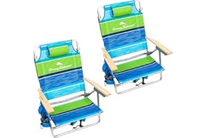 Tommy Bahama Set of 2 5-Position Classic Lay Flat Backpack Beach Chairs with Cooler, Storage Pouch and Towel Bar, Striped
