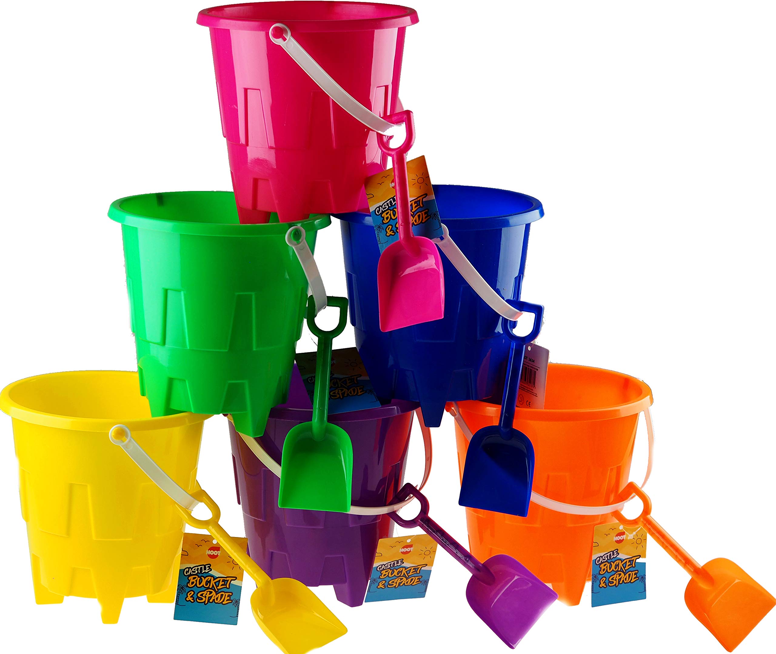 Hoot Set Of 6 Bright Colour Sand Castle Bucket And Spade Beach Toys