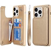 Cavor for iPhone 14 Pro Wallet Case with Card Holder for Women Men,Phone Case for iPhone 14 pro with Stand Credit Card Holder, Leather Strap Shockproof Cover- Golden