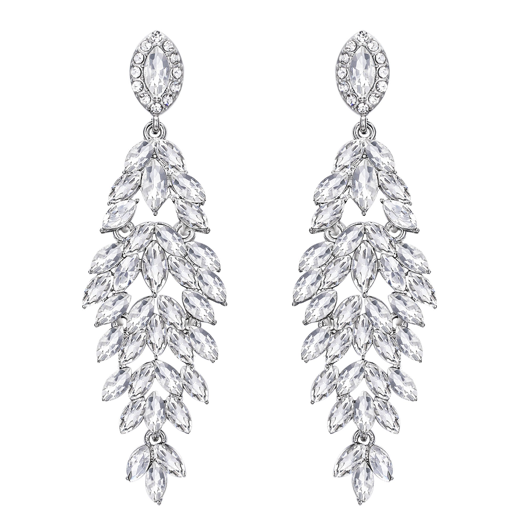 Clearine Women's Wedding Bridal Crystal Multi Marquise-Shape Leaf Cluster Chandelier Dangle Earrings Clear Silver-Tone — image 1