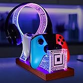 YuanDian Gamer Gifts for Teenage Boy, Desk Gaming Headset and Controller Stand with Blue Pink LED Night Light, Acrylic Wooden Controller Holder with PCB Pattern, Desk Decor Gift