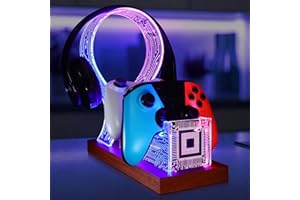 YuanDian Gamer Gifts for Teenage Boy, Desk Gaming Headset and Controller Stand with Blue Pink LED Night Light, Acrylic Wooden