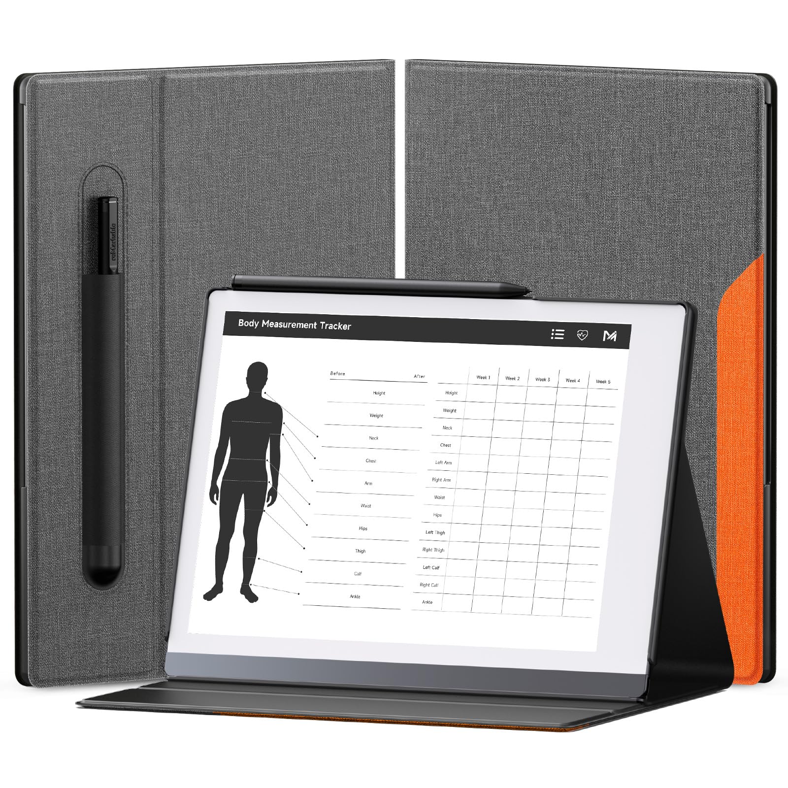 OLAIKE Book Folio Case for Remarkable 2 Paper Tablet 10.3" 2020 Released, Premuin Fabric Smart Cover with Pen Pocket, Stable Folding Stand Design (Not for Remarkable 1),Gray & Orange