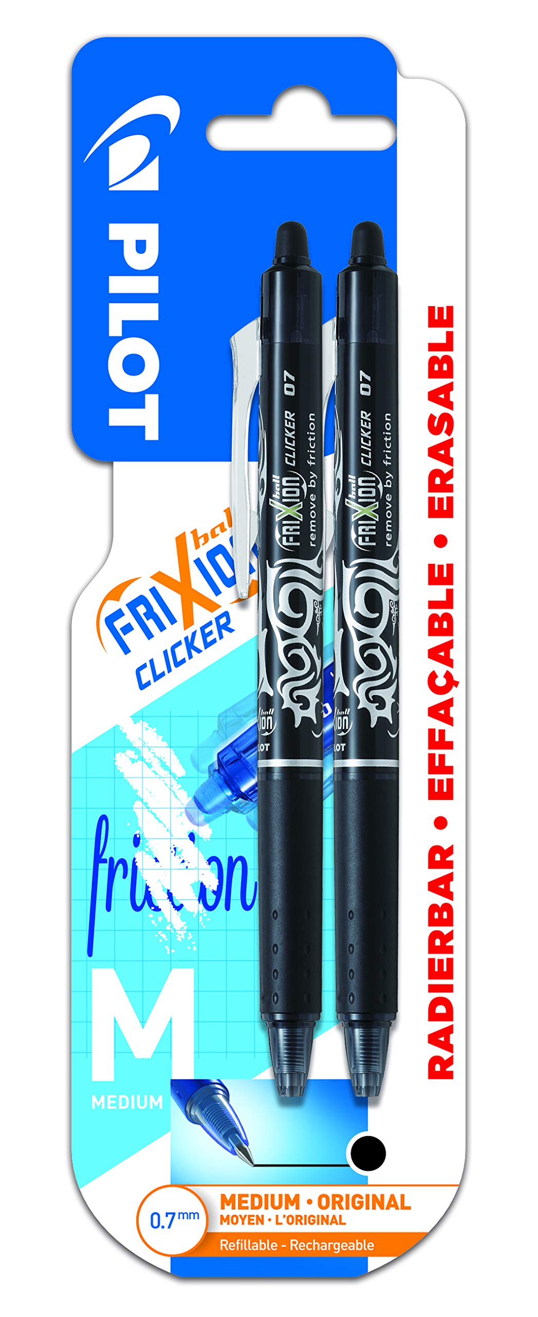 PILOT Clicker Retractable Erasable Rollerball, 0.7mm Tip- Black, Pack of 2
