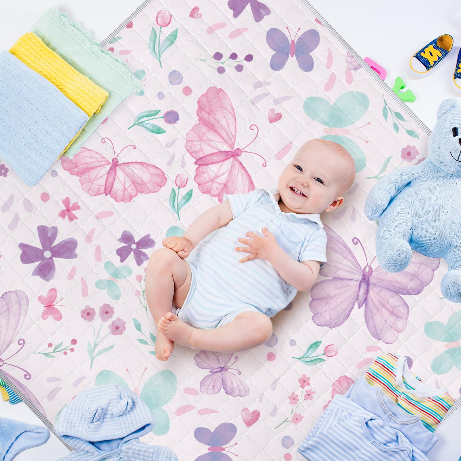 Funtery 43 x 43 Inch Boho Baby Play Mat Portable Crawling Washable Foldable Tummy Time Non Slip Baby Floor Large Playpen Mat for Infants Toddlers Floor Playpen Activity(Butterfly)