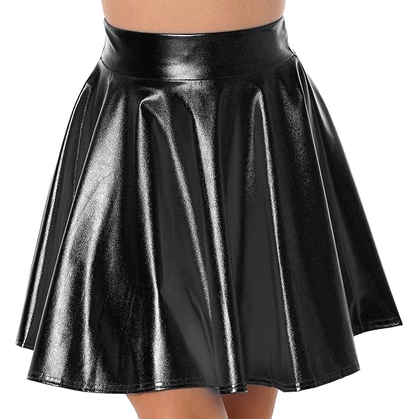 dPois Womens Wet Look Flared Glossy Micro Skirt High Waist Mini