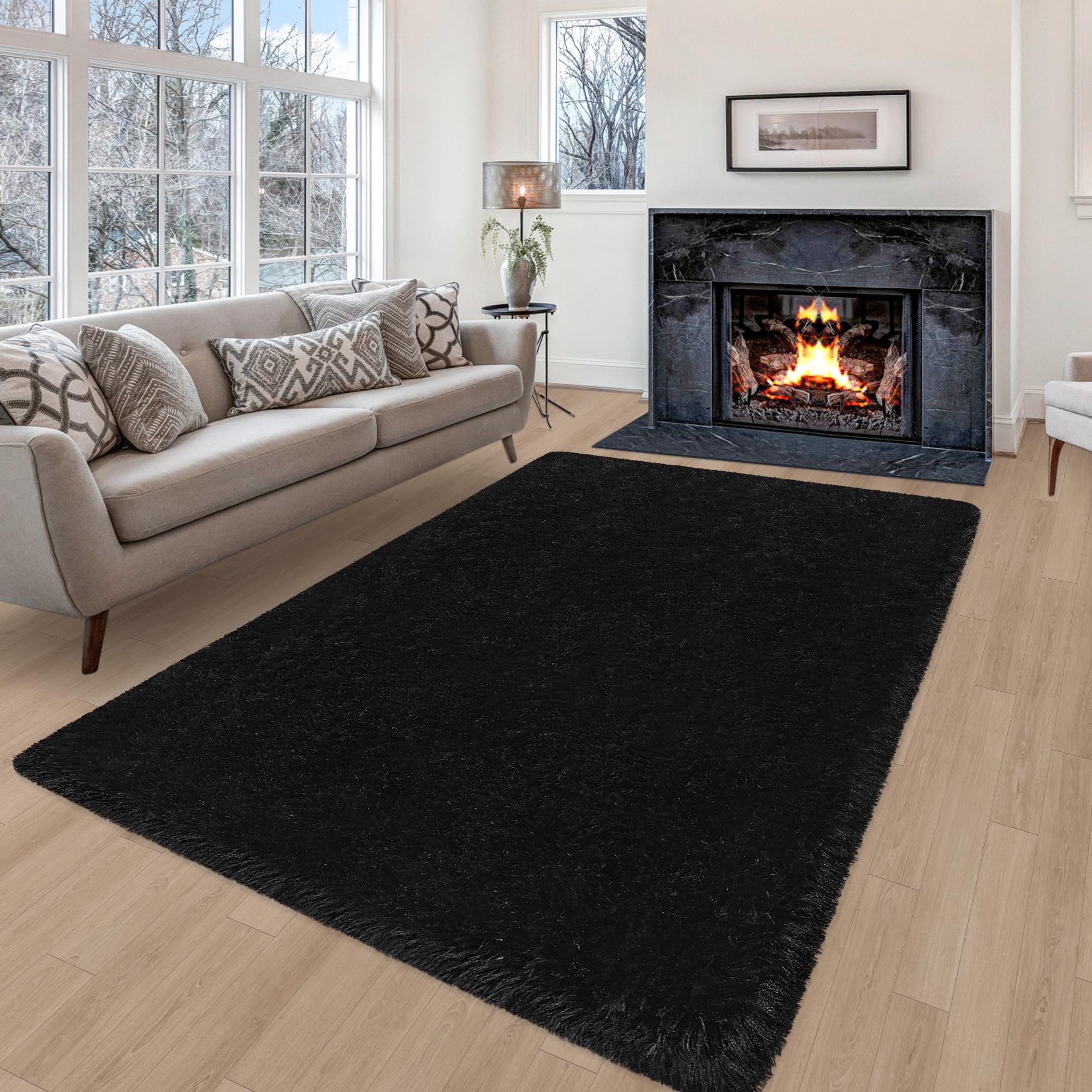 Photo 1 of ZJYeRug 4X6 Fluffy Area Rugs for Living Room Bedroom,Washable Ultra Soft Shag Bedside Rug?Non-Slip Modern Plush Fuzzy Carpet for Indoor Floor Kids,Girls,Boys and Nursery Rooms,Black