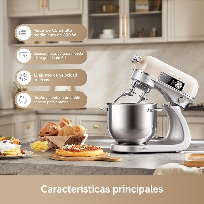 Misturadora de massa BioKnead™, sistema patenteado de duplo anzol e motor DC silencioso de 800 W com taça de 6 L, ecrã digital, 12 velocidades e acessórios para qualquer tarefa