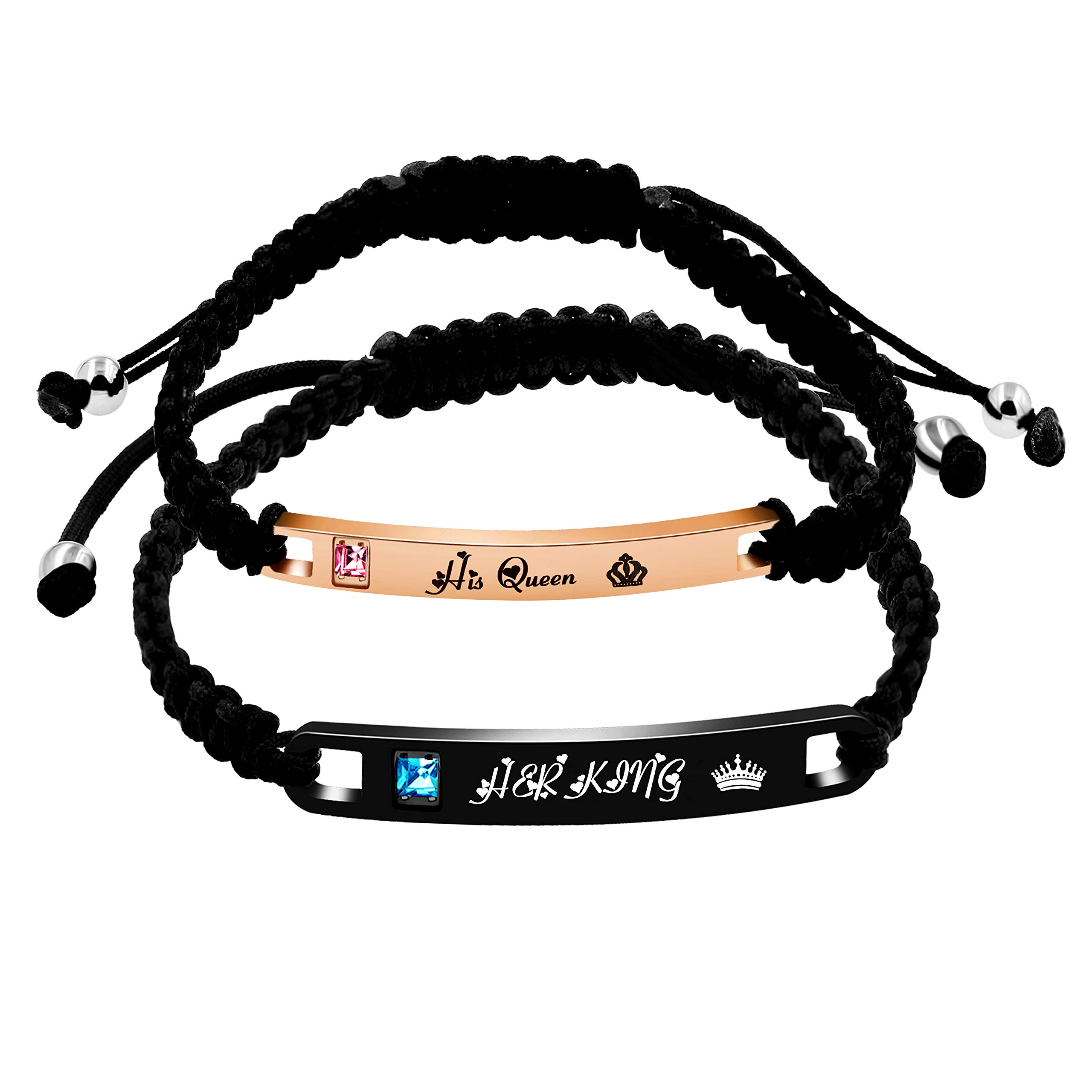 Uloveido His Queen and Her King Couples Bracelet Handmade Braided Adjustable Rope Woven Bangle for Women Men (Queen King)