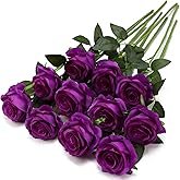 FLORRALIA Purple Fake Roses Artificial Flowers - 10 Pcs Fake Artificial Roses Silk Flowers with Stems for Home Wedding Hotel Office Centerpiece Decor