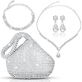 Meanplan 4 Pcs Silver Clutch Purse Jewelry Set for Women Rave Accessories Evening Rhinestone Purse Silver for Bride Wedding