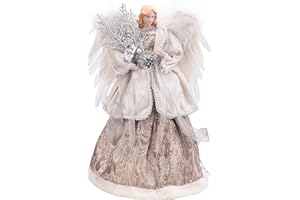 GEDLIRE 16 inch Christmas Angel Tree Topper, Brown Angel Treetop with Luxury Feather Wings, Christmas Tree Top Decorations Ornament Flying Angel Fairy Goddess Figurine, Holidays Indoor Home Decor