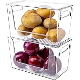 2 Pack Large Stackable Storage Bins, Plastic Container Organizer with Open Front, Pantry Organizers and Storage for Potato, Onion, Fruit and Vegetable, Clear Kitchen Laundry Organizer with Lid