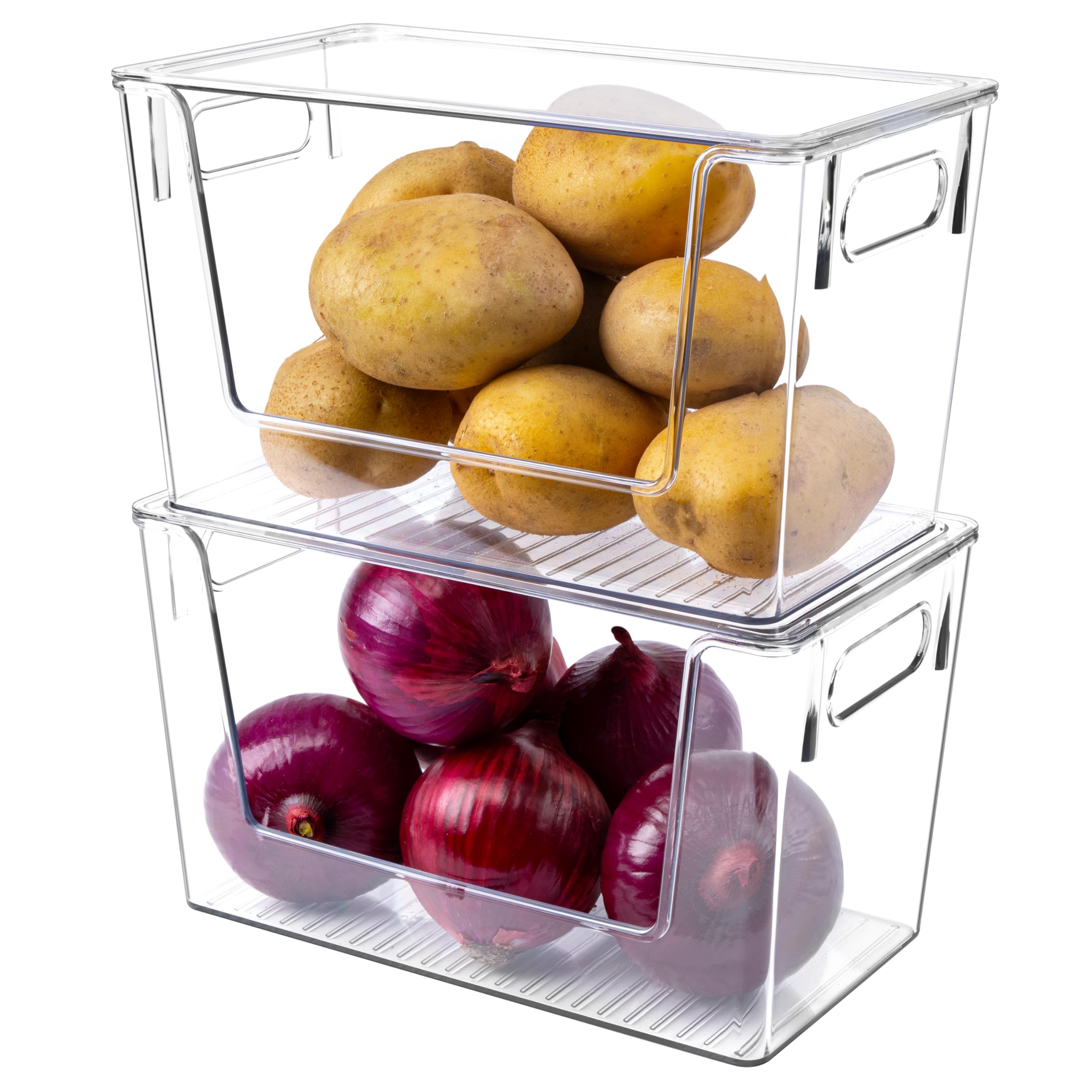Photo 1 of 2 Pack Large Stackable Storage Bins, Plastic Container Organizer with Open Front, Pantry Organizers and Storage for Potato, Onion, Fruit and Vegetable, Clear Kitchen Laundry Organizer with Lid