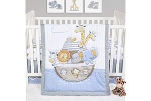 Sammy & Lou Noah's Ark 4-Piece Baby Nursery Crib Bedding Set for Boys, Includes Quilt, Fitted Crib Sheet, Crib Skirt, and Plush Toy