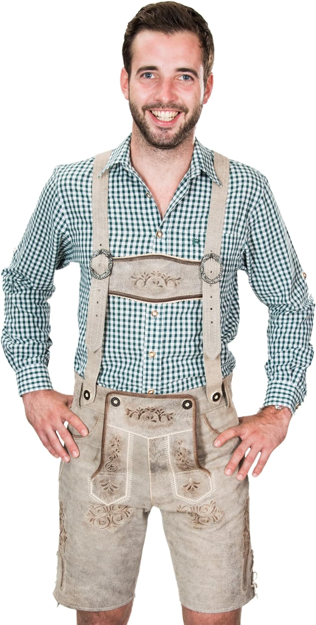 Kurze antik look Bayerische Herren Trachten Lederhose mit Trägern, original in grau, Oktoberfest, Größe 60