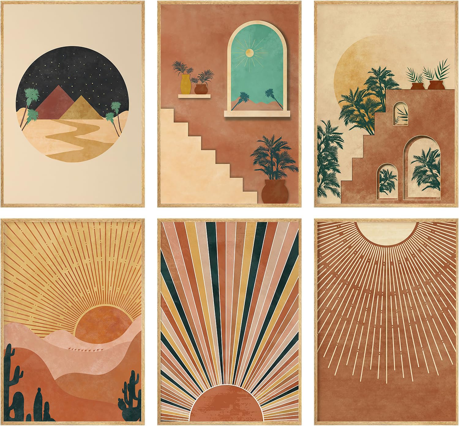 Photo 1 of 6Pcs Boho Landscape Canvas Wall Art Abstract Terracotta Sunset Hill Desert Painting Picture Wall Decor Minimalist Geometric Sun Poster Prints Artwork for Living Room Bedroom Home Decoration