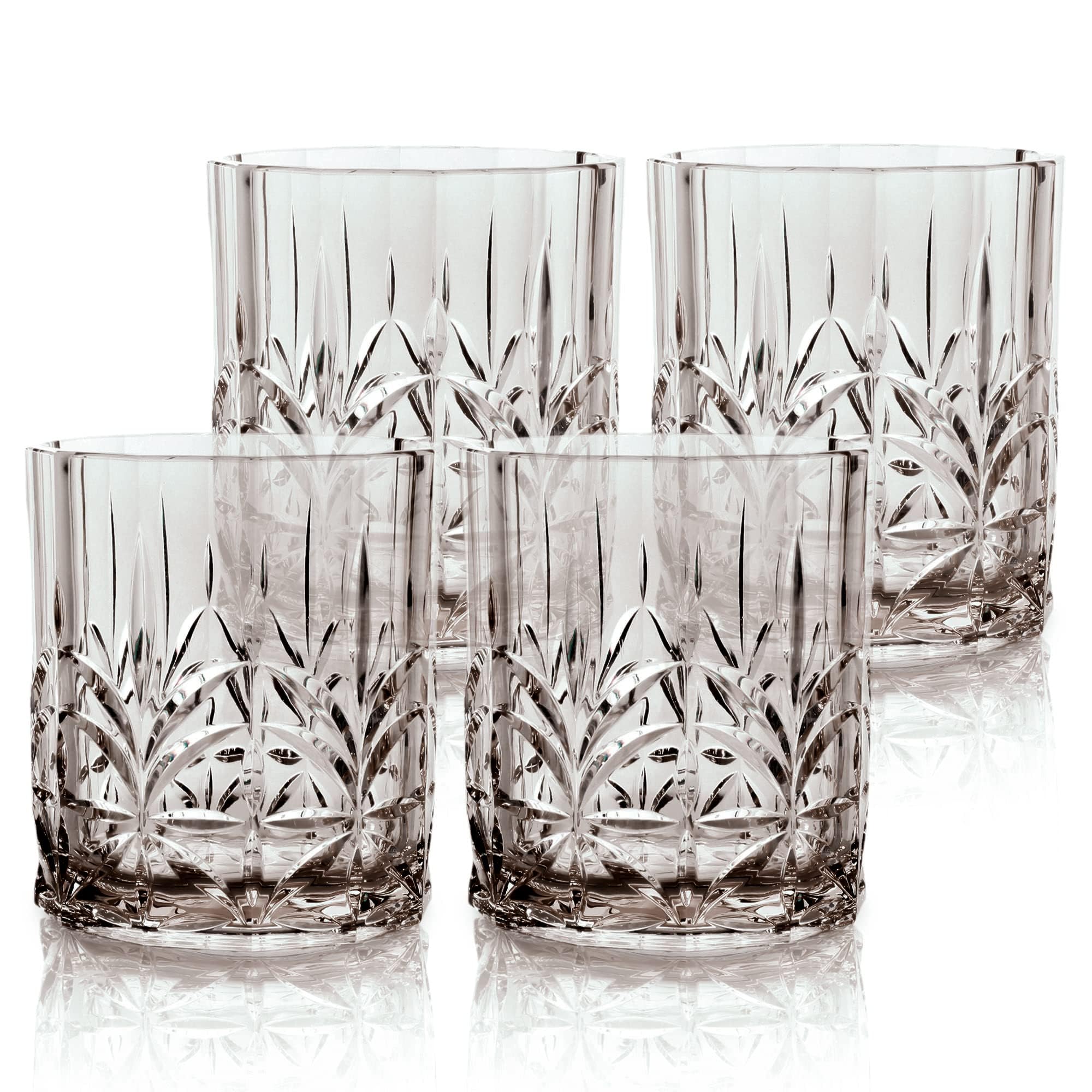 BELLAFORTE Shatterproof Tritan Plastic Short Tumbler, Set of 4, 13oz - Myrtle Beach Unbreakable Drinking Glasses for Whiskey, Crystal Cut Old Fashioned Glass - BPA Free - Dishwasher Safe - Gray
