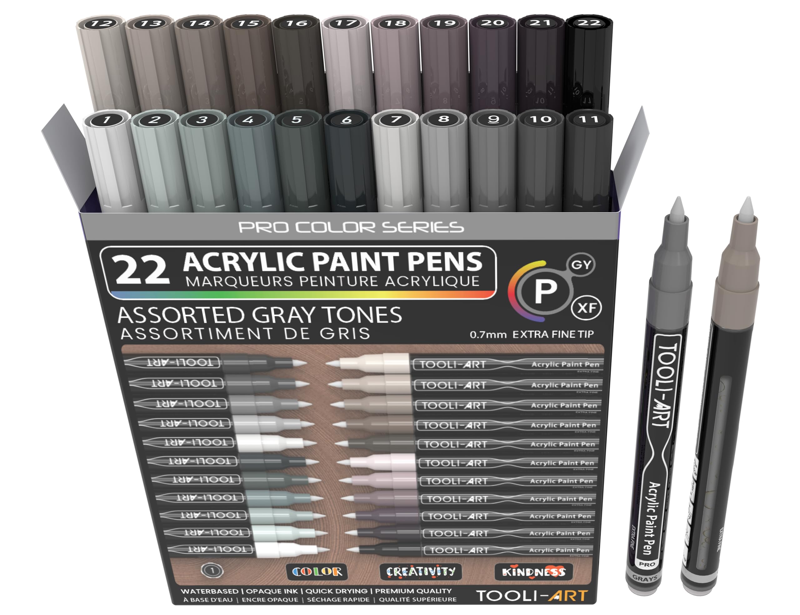 Acrylic Paint Pens 22 Gray Tones Assorted Pro Color Series Markers Set 0.7mm Extra Fine Tip for Rock Painting, Glass, Mugs, Wood, Metal, Canvas, Projects, Non Toxic, Waterbased, Quick Drying