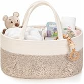 Diaper Caddy Organizer, Gift Basket for Baby Shower, Newborn Essentials | White/Beige Brown | Small, 14.2 x 8.7 x 7.1 in | Removable Dividers | Sturdy Handles | Portable Baby Boy Girl Woven Basket