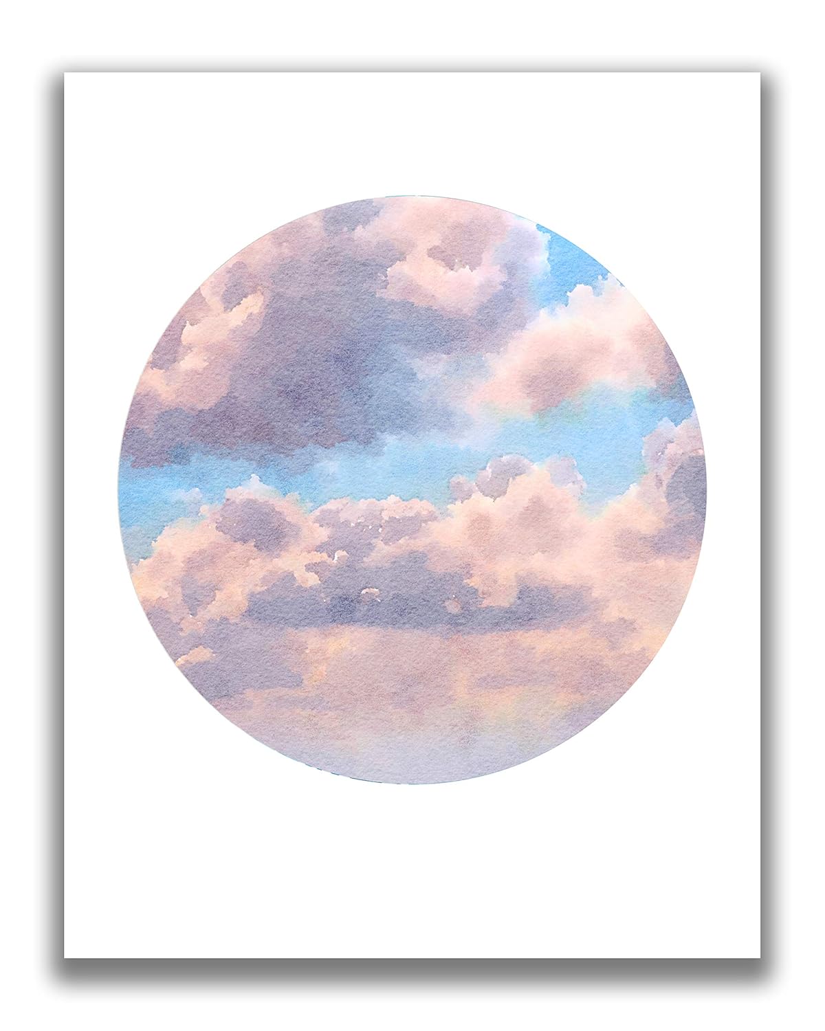 Amazon Com Watercolor Clouds In Sky Circle Wall Art 11x14 Unframed Decor Prints Beautiful Shades Of Blue Pink And Gray Handmade