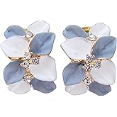 Navachi 18k Gold Plated White Crystal Double Enamel Leaves Flower Omega Back Earrings