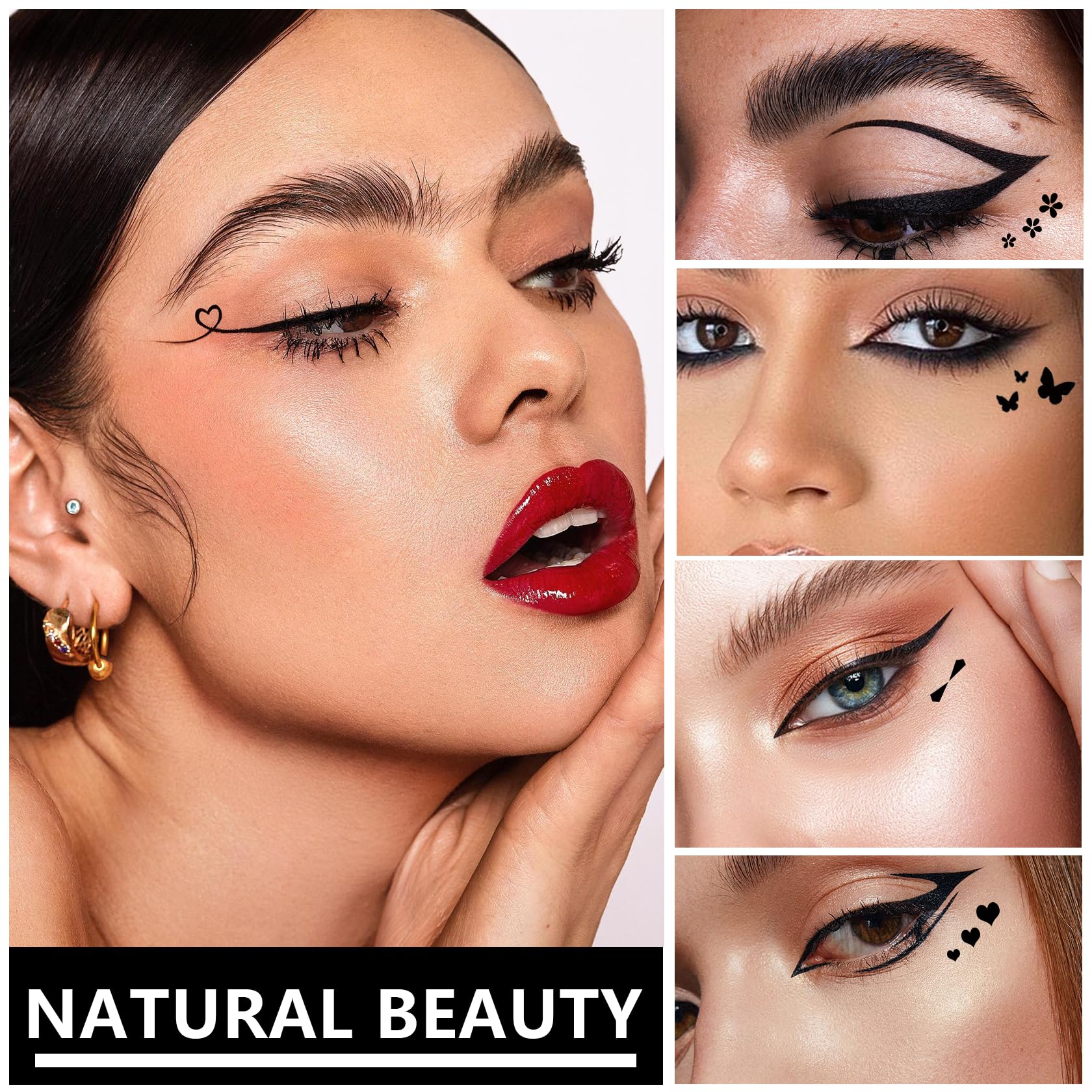 QIUFSSE 5Pcs Double-headed Liquid Eyeliner Stamp Pencil Set,Winged Eyeliner Stamp Pen Women Black Long-lasting delineador de ojos,(Heart/Flower/Star/Butterfly/Cone) Shape Eye Liner Stamp