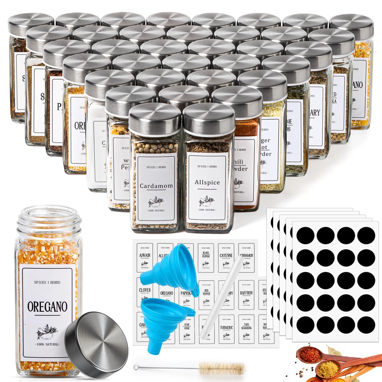 36 Pack Glass Spice Jars With Lids - 4OZ Square Containers, 180 Labels, 120ml Storage Bottles, Shaker Lids, 1 Pen, 1 Hose Brush, 2 Silicone Funnels