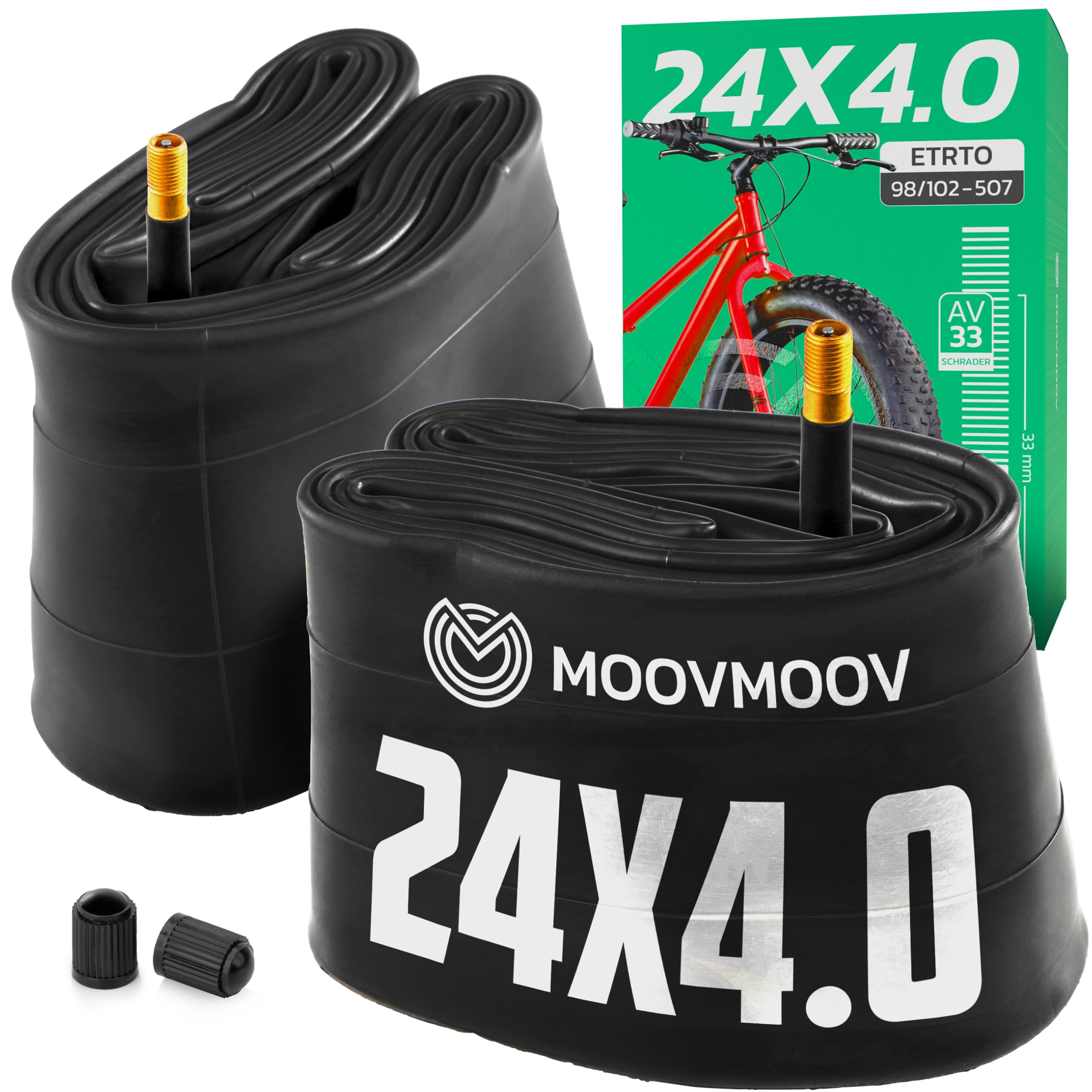 MOOVMOOV 24x4.0 Inner Tubes - Pack of 2 - Fat Bike & MTB Wide Tyres - Schrader Valve - ETRTO 98-507/100-507/102-507 - 24-Inch Fat Wheel