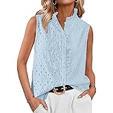 BTFBM Womens Sleeveless Button Down Shirts Ruffle V Neck Casual Hollow Out Eyelet Tops Boho Spring Vacation Blouse 2026