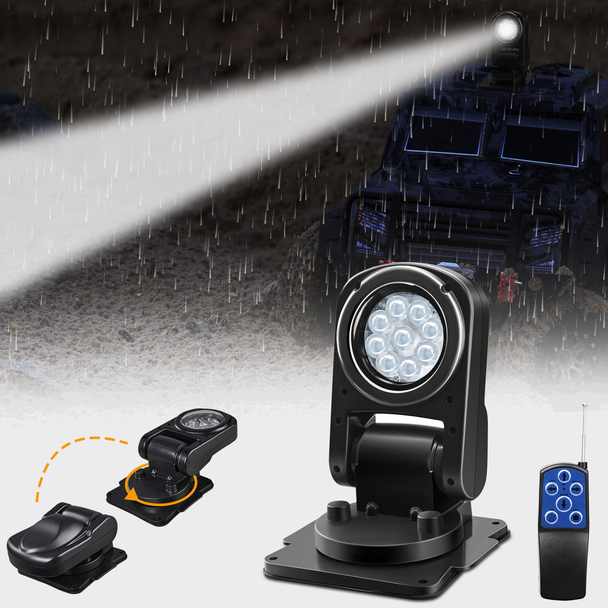 Photo 1 of ***MISSING REMOTE***Remote LED Spot Lights for Trucks, Auto-Return 360 Rotating Search Light for Truck Marine Spotlight 180 Folding Backup Lights 12V 24V, Permanent Mount