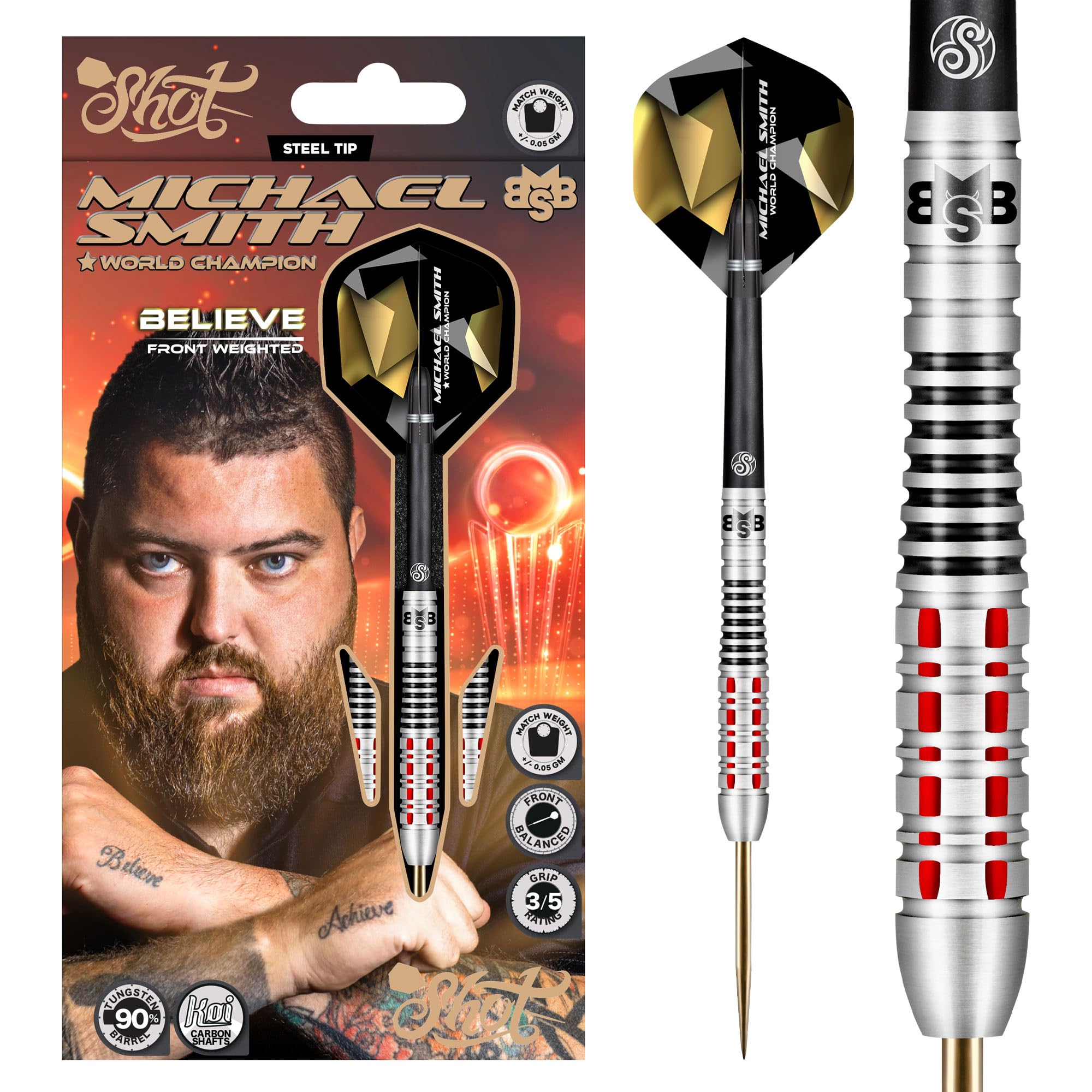 Shot! Darts Michael Smith Believe Front Weighted 90% Tungsten Pro Throwing Darts Steel Tip Set Professional Made in New Zealand Designed Dart Flights for Women & Men Metal Tip Bar Darts for Adults
