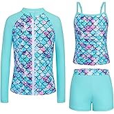 Seanrui Rash Guard for Girls Long Sleeve 3 Piece Teens Swimsuits Zip Up Bathing Suit with Pockets Boyshorts (6-16Y)