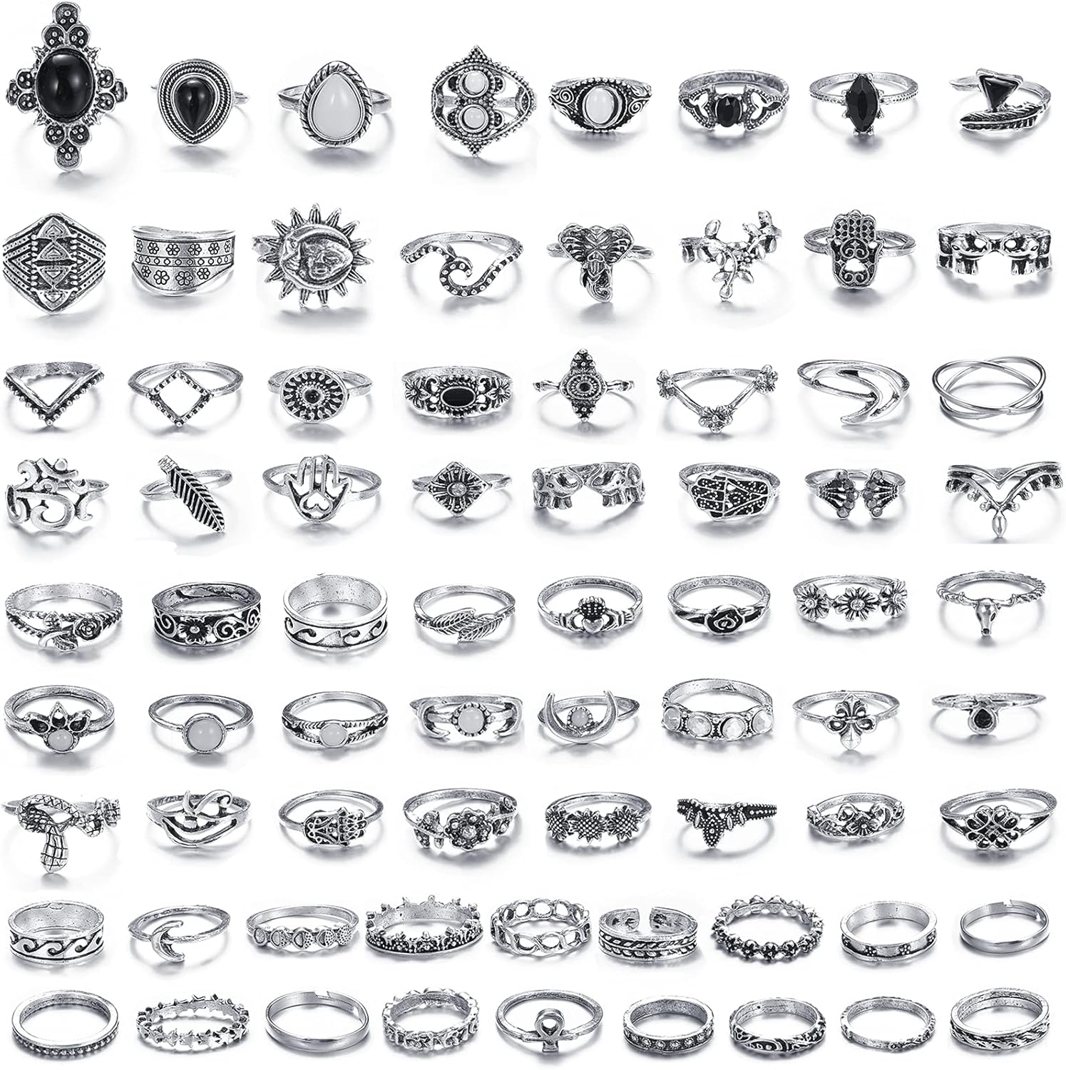 74 Pcs Vintage Stackable Knuckle Rings Set for Women/Girl, Bohemian Silver Plated Simple Stacking Finger Rings Pack (Retro Silver): Clothing