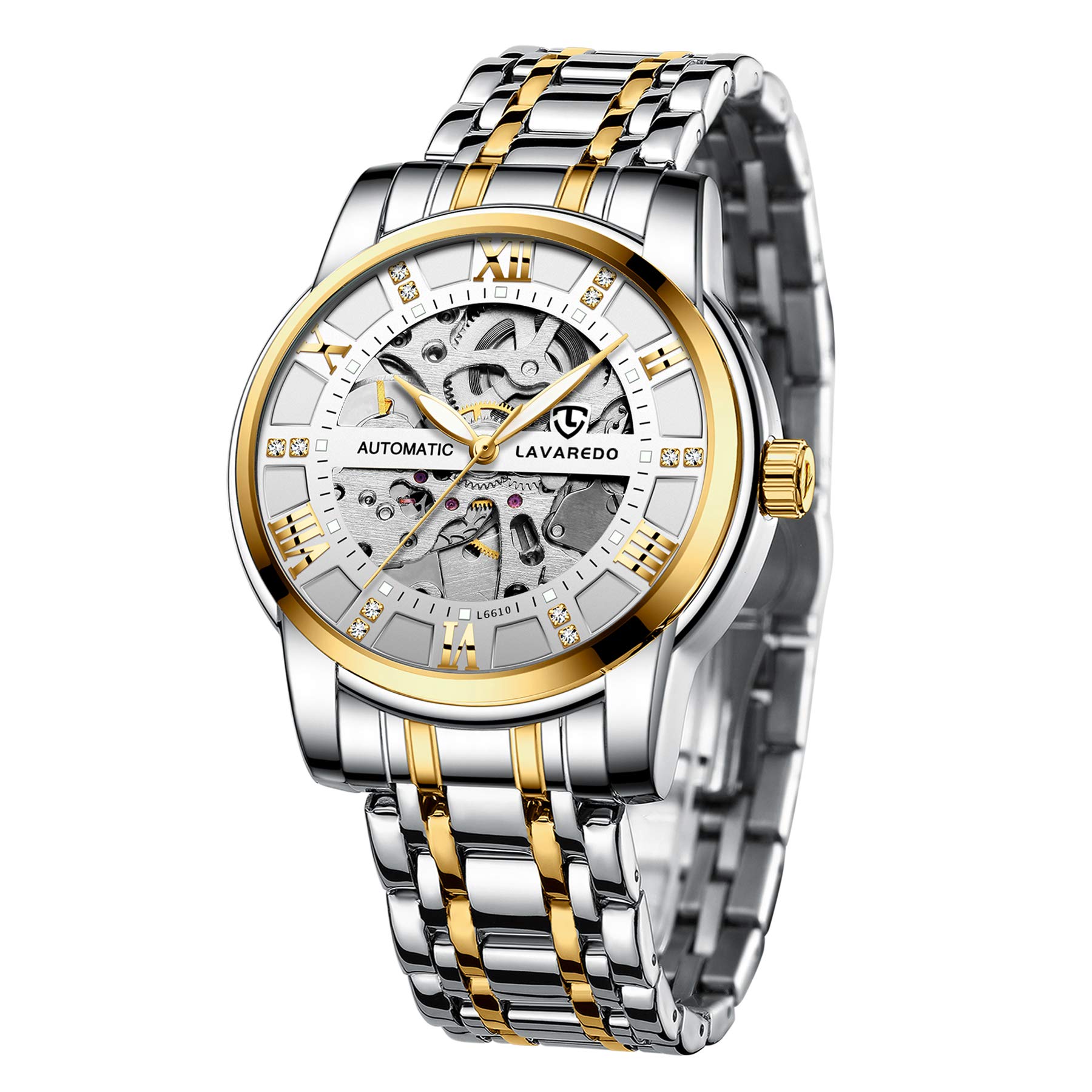 A ALPS Mens Watch Skeleton Luxury Mechanical Stainless Steel Waterproof Black Automatic Self-Winding Roman Numerals Diamond Dial Wrist Watch, Gold Black.Silver Movement, Mechanical,Self-winding,Automatic Watch