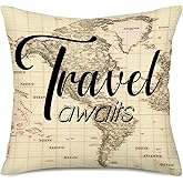 Fukeen Travel Awaits Throw Pillow Cover World Map with Quote Letters Inspirational Pillow Covers Geography Adventure Home Office Decor Pillowslip Cushion Case Cotton Linen Square 18"x18", Black White