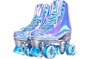 JajaHoho Roller Skates for Women, Very Peri Blue Holographic High Top Faux Leather Rollerskates, Shiny Double-Row Four Wheels Quad Skates for Girls and Age 8-51 Indoor Outdoor (Blue)