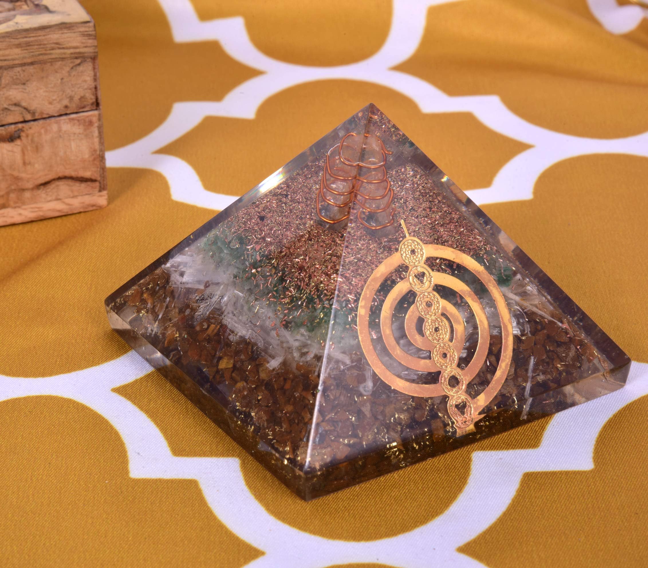 Natural Crystal Tiger Eye Selenite & Green Aventurine Orgone Pyramid for EMF Protection Chakra Healing Meditation Orgonite Pyramids Cho Ku Rei