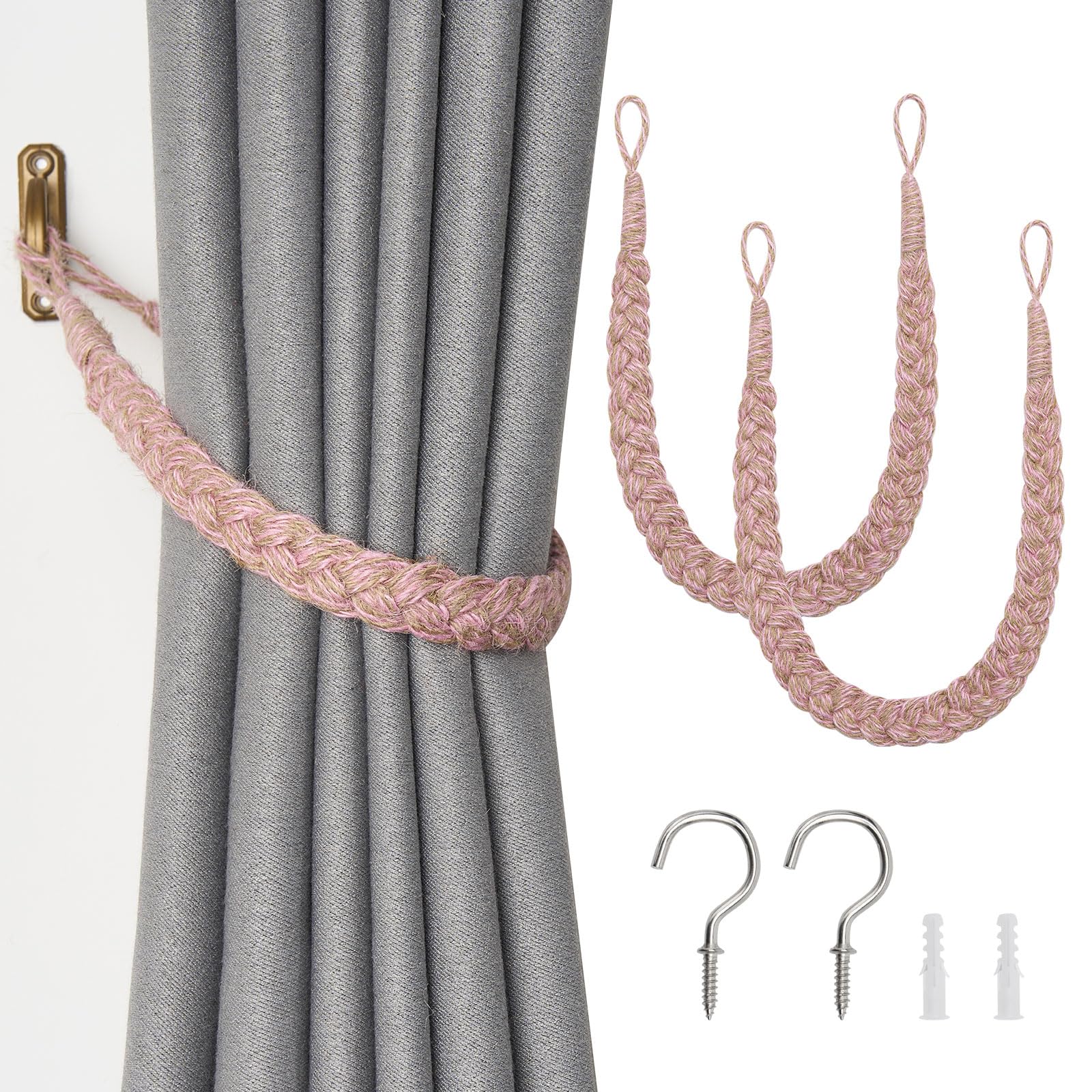 Pretty Jolly 2 Pack Natural Jute Rope Curtain Tiebacks Boho Rustic Style Decorative Drape Tie Backs Elegant Hand-Woven Rope Curtain Holdbacks with Metal Hook for Home & Office Drapery (Jute-Pink)