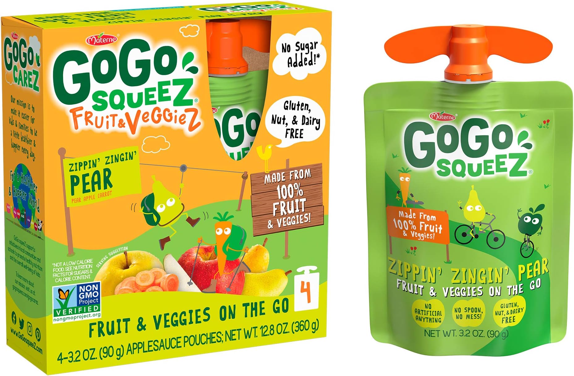 GoGo squeeZ fruit & veggieZ, Apple Pear Carrot, 3.2 Ounce (4 Pouches), Gluten Free, Vegan Friendly, Unsweetened, Recloseable, BPA Free Pouches