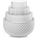 KooK Ceramic Mixing Bowls, Nesting Set of 4, Embossed Kitchen Dishware, Prep, Serving, Gift, Microwave and Dishwasher Safe, 20/44/98/145 oz, Narbonne Collection (Marshmallow)