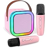 Mini Karaoke Machine,Portable Bluetooth Speaker with 2 Wireless Microphone for Kids Adults with Led Lights,Christmas Birthday Gifts for Girls Ages 4-12 Years Old Support USB/TF/AUX for Home Party,pink