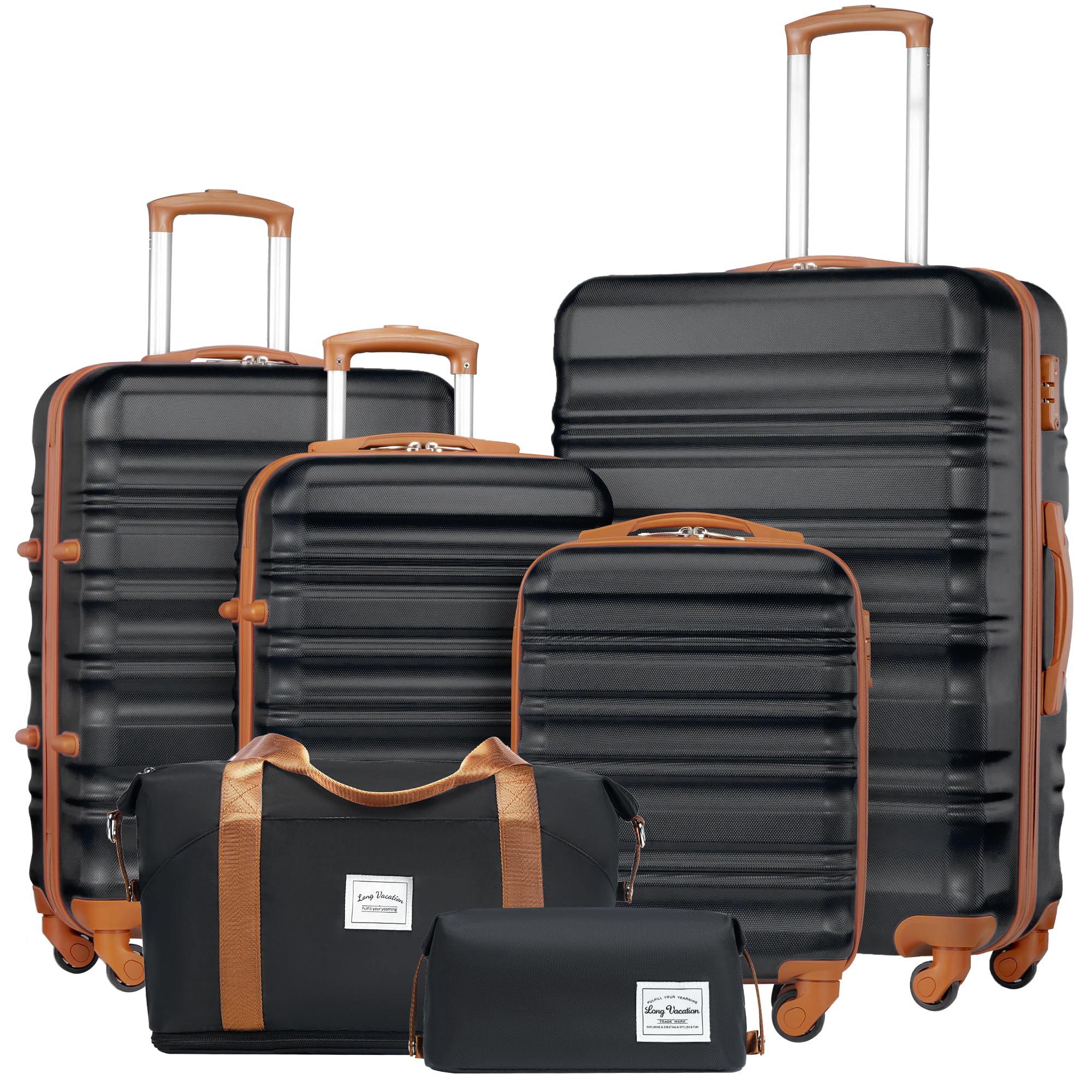 LONG VACATION 6 Piece Luggage Set Carry on Suitcase with ABS+PC hardshell, Spinner Wheels & YKK Zipper TSA Lock (BLACK-BROWN, 6 piece set)